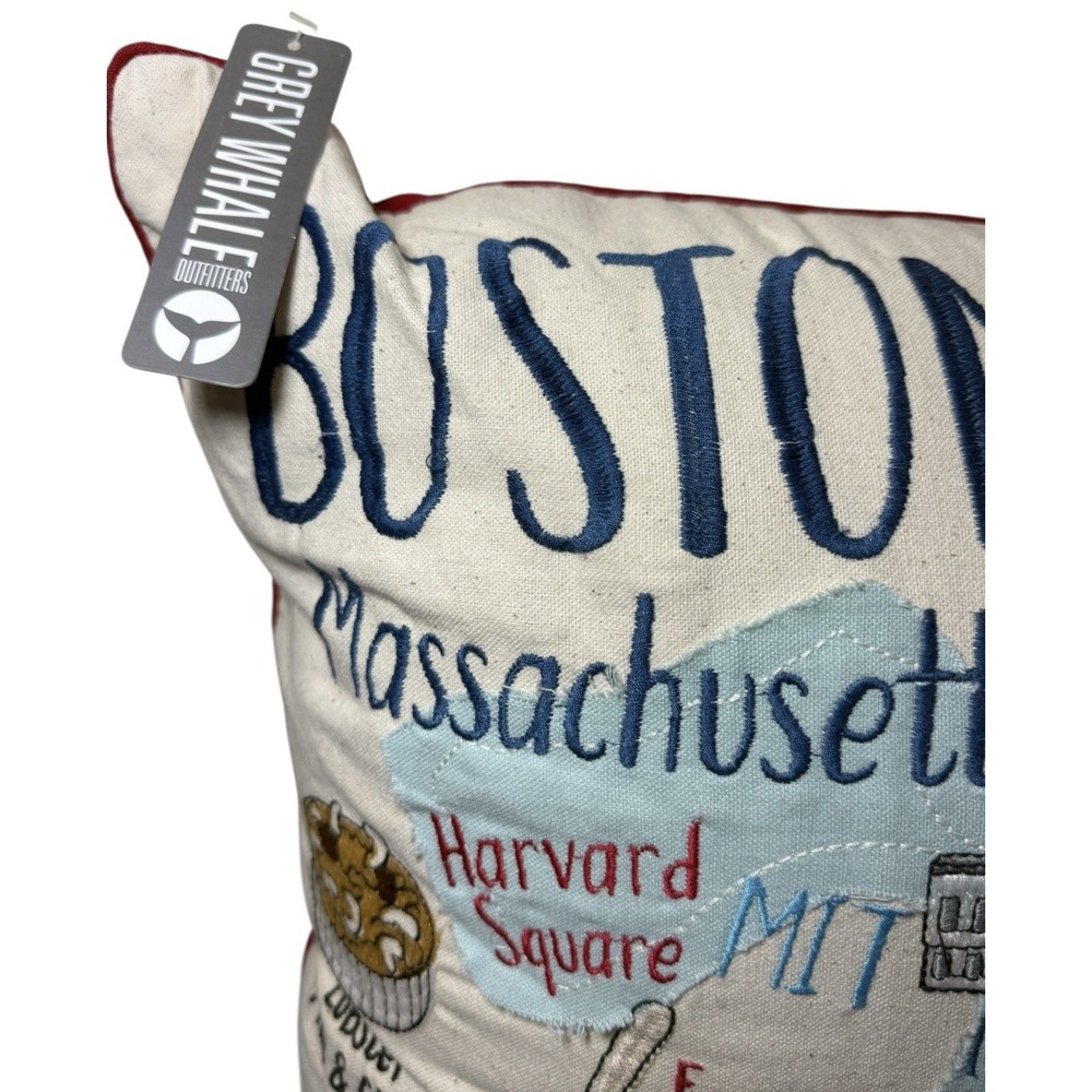 Grey Whale Boston Embroidered Pillow 19" Massachusetts Home Decor NWT - Picture 7 of 10